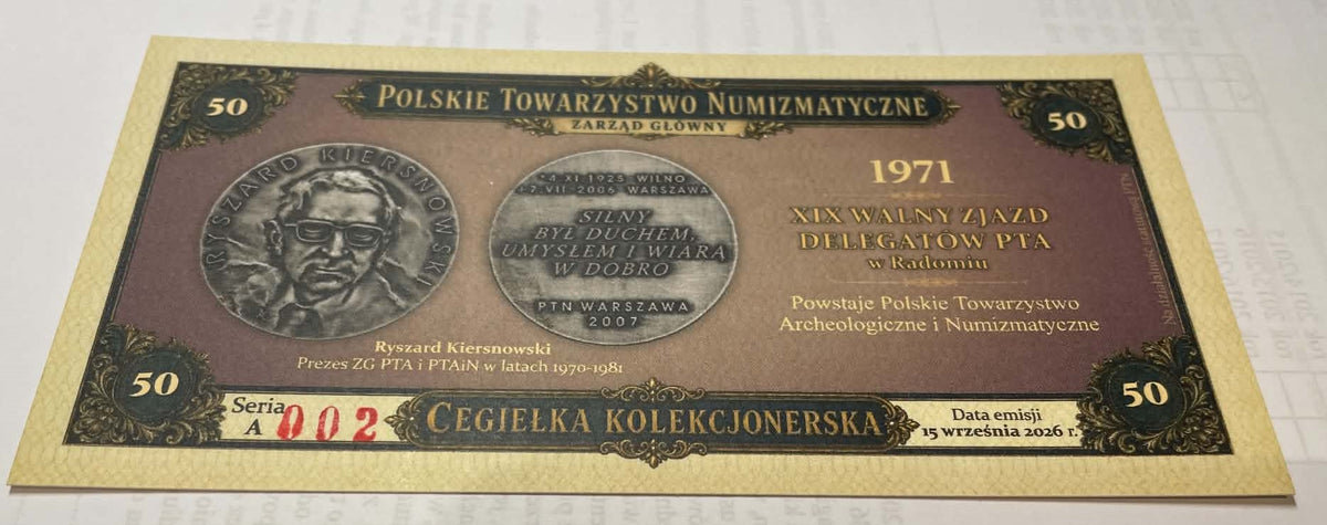 GNIEZNO, 50, czerwony numerator, cegiełka PTN Gniezno, na działalność statutową PTN