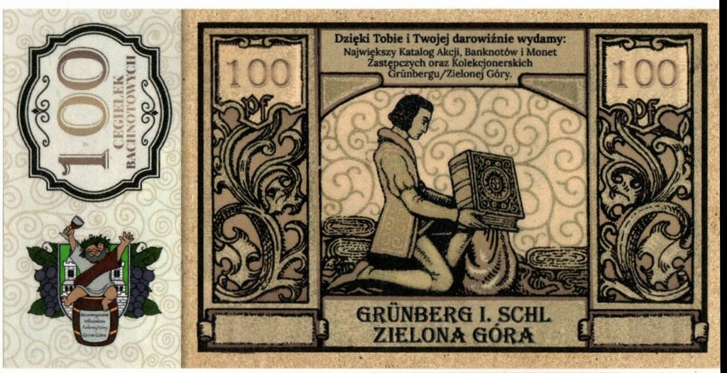 Cegiełka 100 zł, GRINEGORA, na wydanie katalogu bonów Grunberg i Bachnotów
