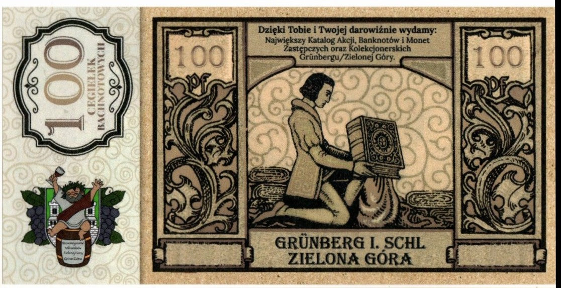 Cegiełka 100 zł, GRINEGORA, na wydanie katalogu bonów Grunberg i Bachnotów