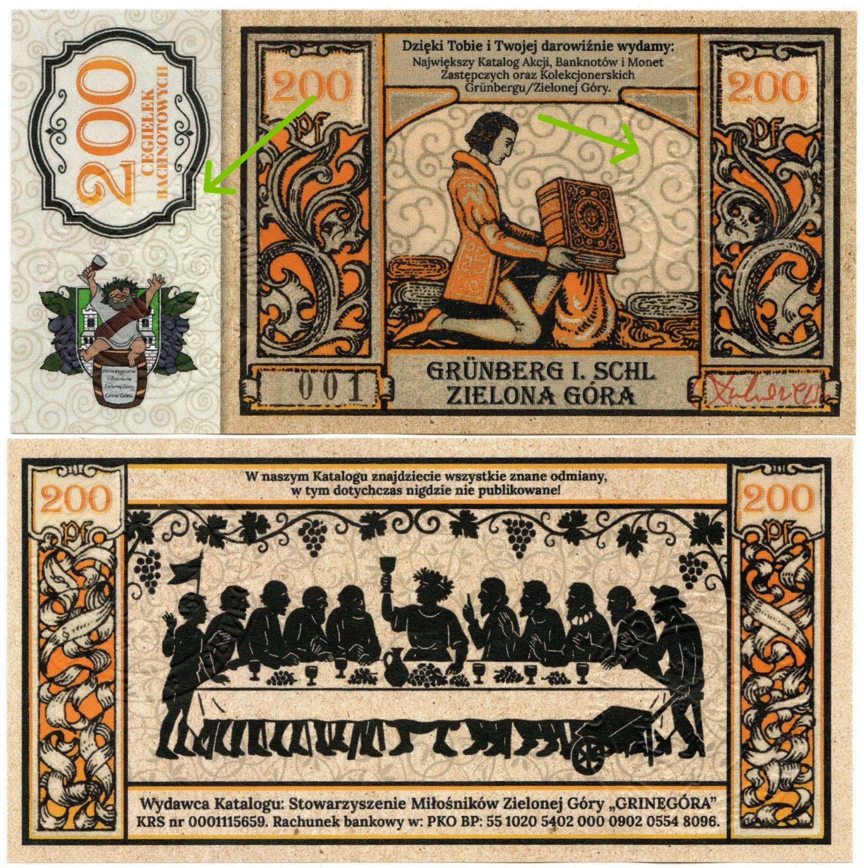 Cegiełka 200 zł, GRINEGORA, na wydanie katalogu bonów Grunberg i Bachnotów