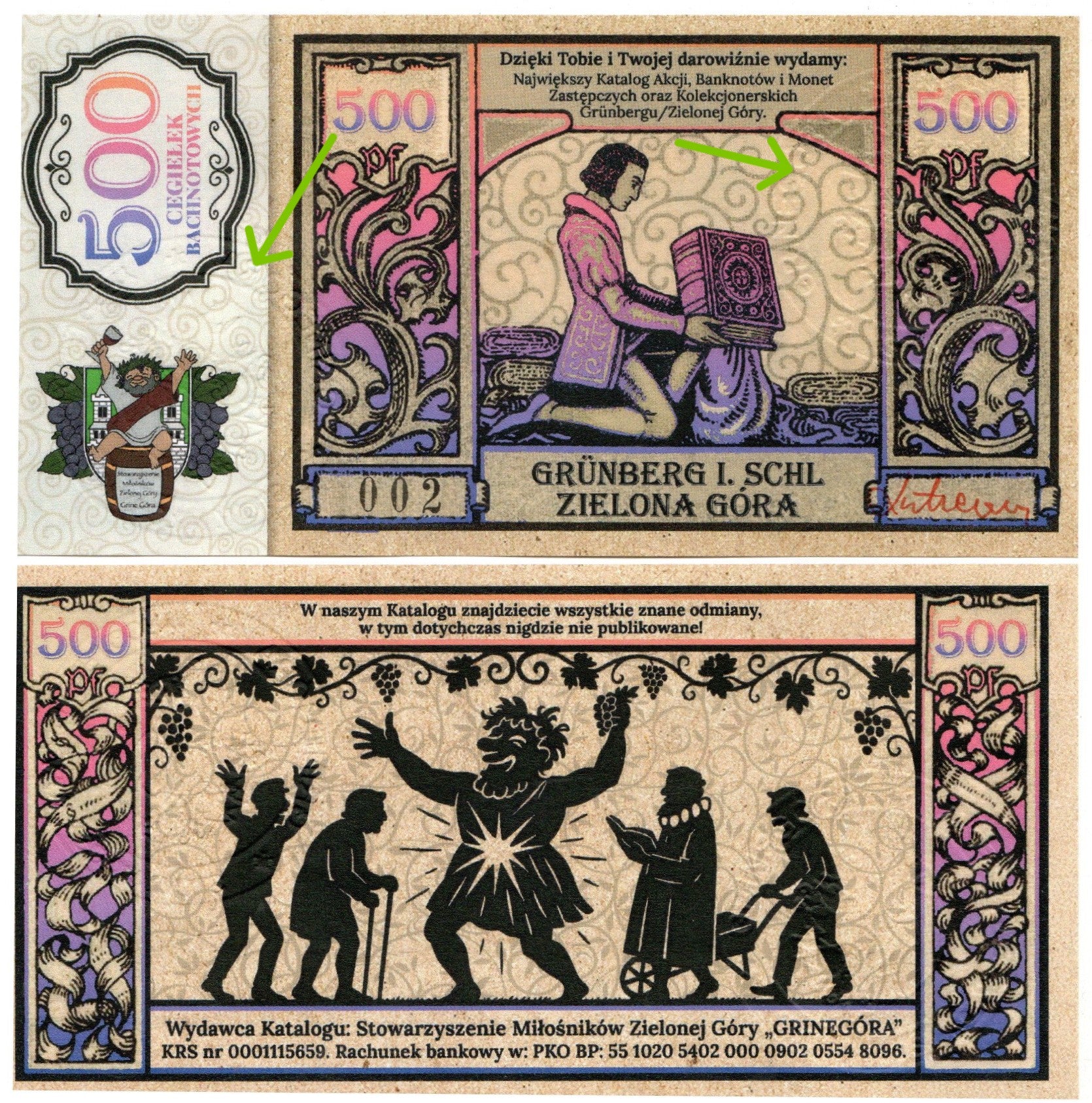 Cegiełka 500 zł, GRINEGORA, na wydanie katalogu bonów Grunberg i Bachnotów
