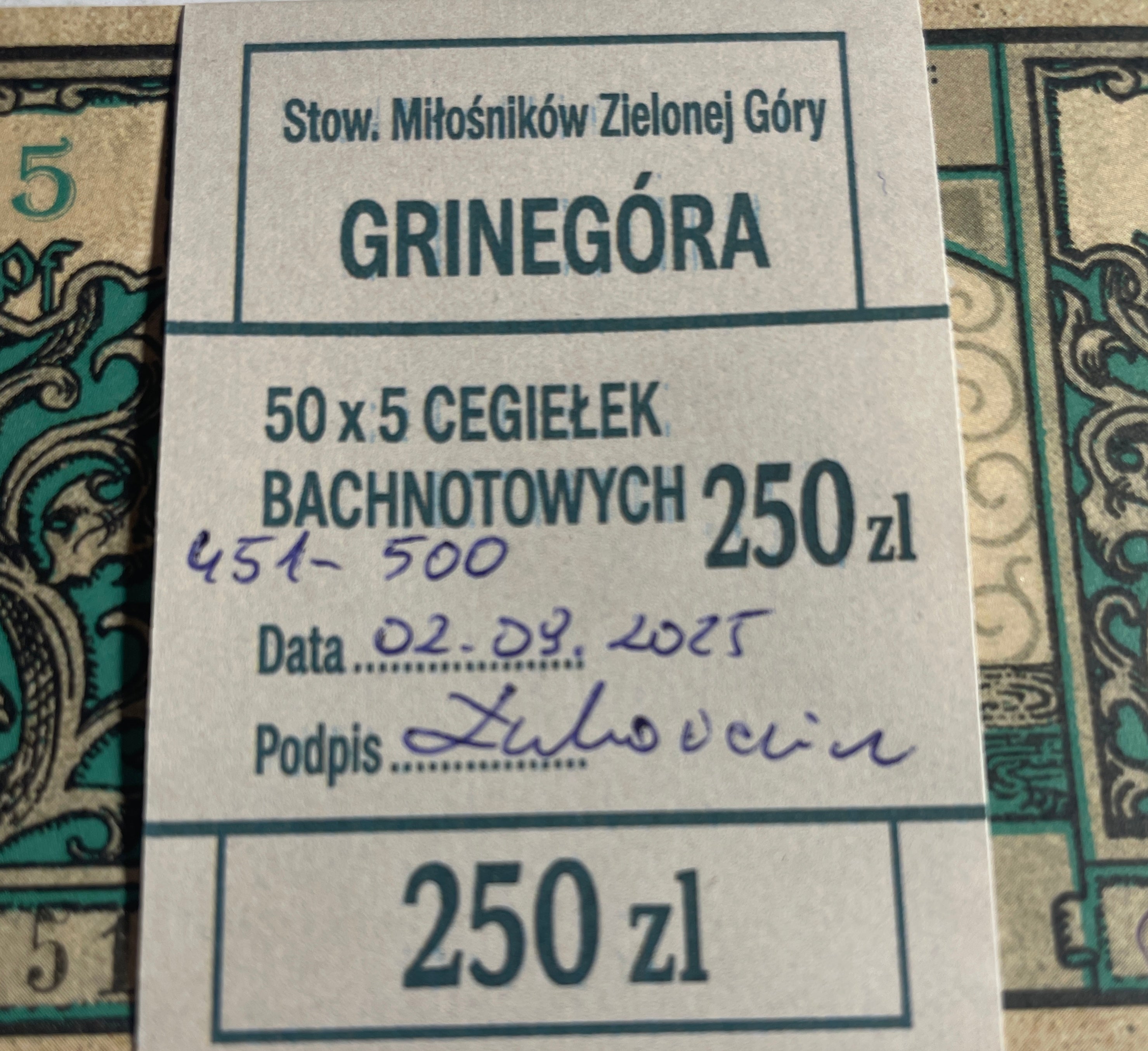 PACZKA Cegiełek 50x5 zł, GRINEGORA, na wydanie katalogu bonów Grunberg i Bachnotów