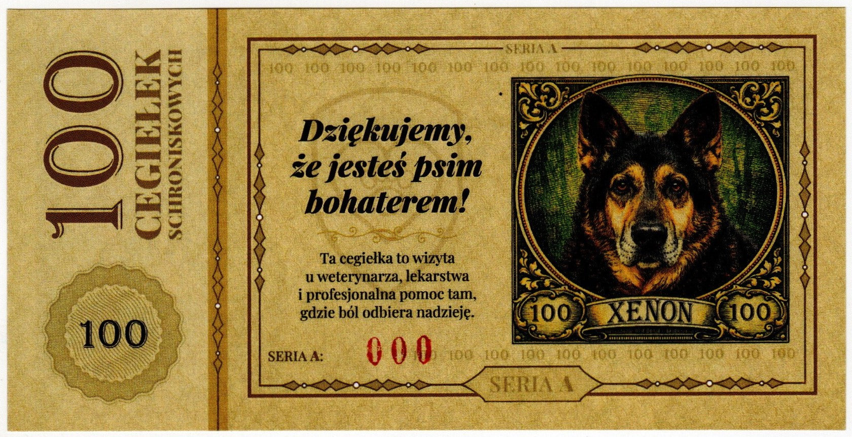 Cegiełka 100 zł, na schronisko dla bezdomnych zwierząt w Zielonej Górze