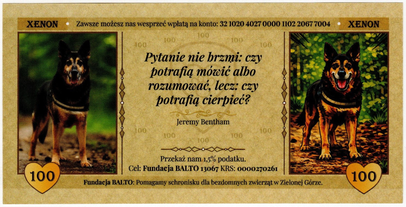 Cegiełka 100 zł, na schronisko dla bezdomnych zwierząt w Zielonej Górze