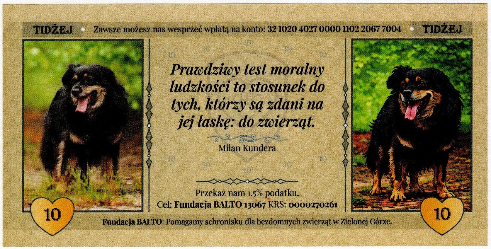 Cegiełka 10 zł, na schronisko dla bezdomnych zwierząt w Zielonej Górze