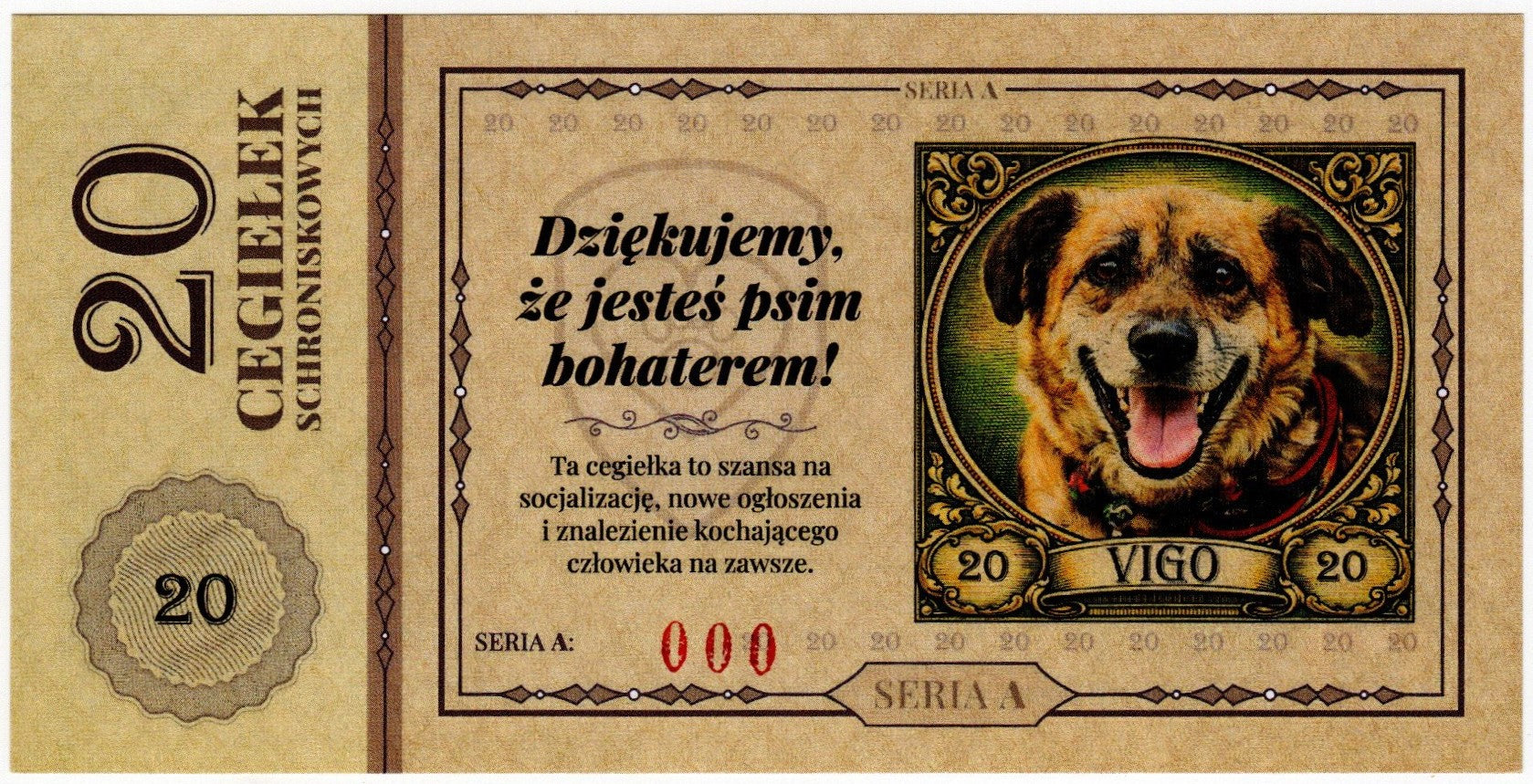 Cegiełka 20 zł, na schronisko dla bezdomnych zwierząt w Zielonej Górze