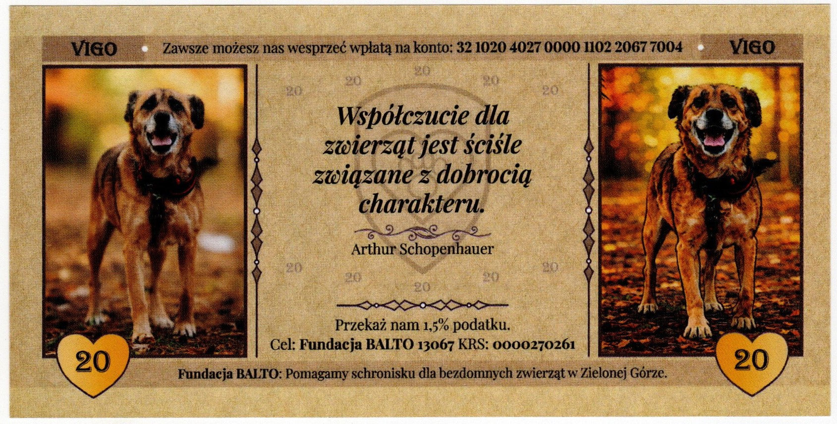 Cegiełka 20 zł, na schronisko dla bezdomnych zwierząt w Zielonej Górze