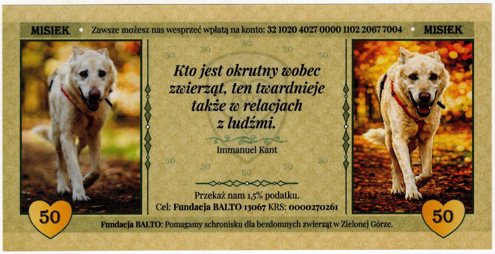 Cegiełka 50 zł, na schronisko dla bezdomnych zwierząt w Zielonej Górze