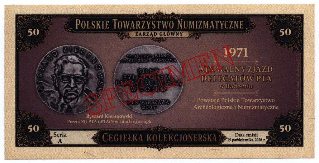 KOSZALIN (Kołobrzeg, Darłowo), SPECIMEN - WZÓR, cegiełka PTN Koszalin, na działalność statutową PTN. (Kopia)