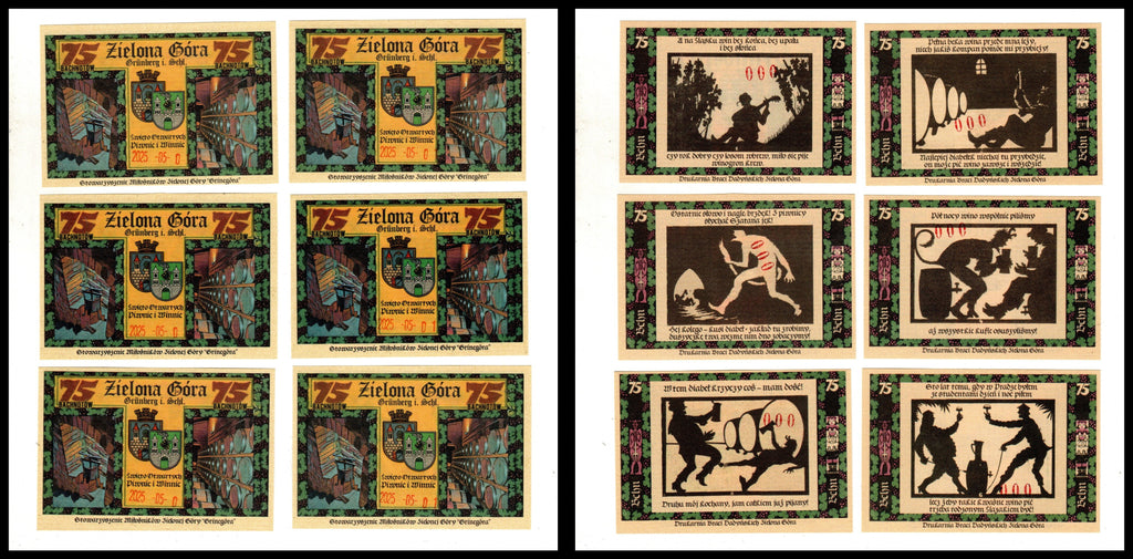 Notgeldy z 1921 r., oryginalne banknoty kolekcjonerskie z Grunberg - Diabeł w piwnicy