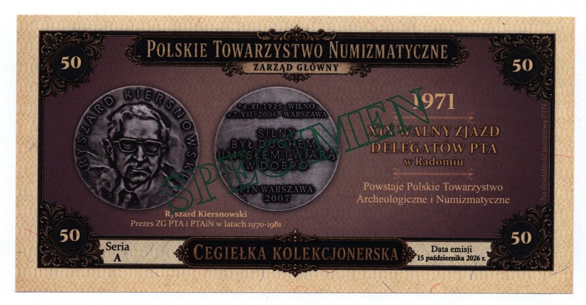 KOSZALIN (Kołobrzeg, Darłowo), SPECIMEN - WZÓR, cegiełka PTN Koszalin, na działalność statutową PTN. (Kopia)