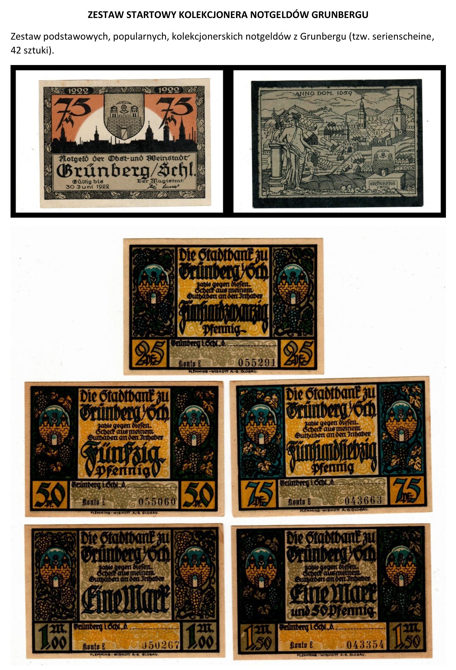 GRUNBERSKIE Notgeldy z lat 1917-1924r., 42 sztuki, ZESTAW STARTOWY MŁODEGO KOLEKCJONERA