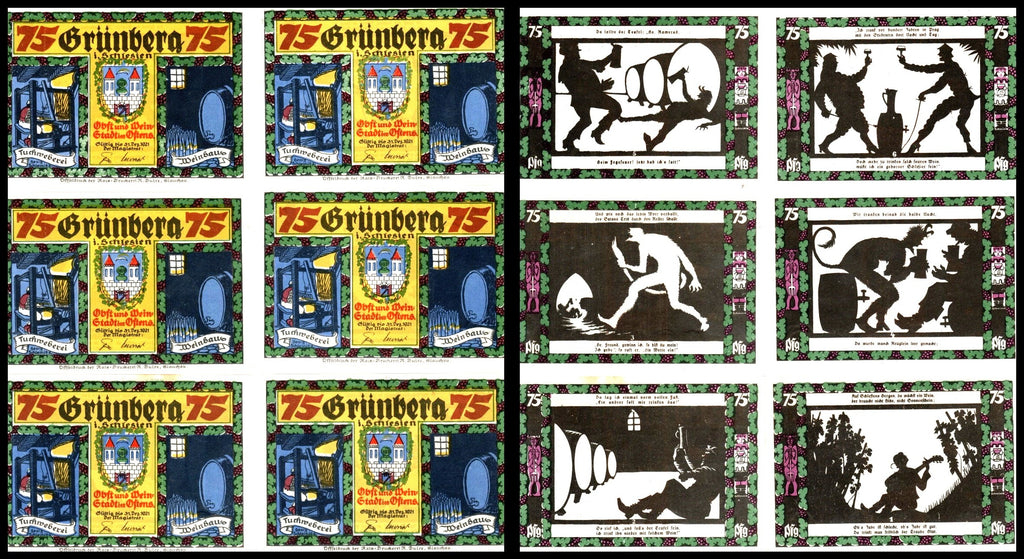 Notgeldy z 1921 r., oryginalne banknoty kolekcjonerskie z Grunberg - Diabeł w piwnicy