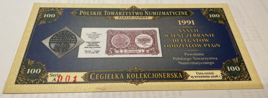 GNIEZNO, 100, czerwony numerator, cegiełka PTN Gniezno, na działalność statutową PTN