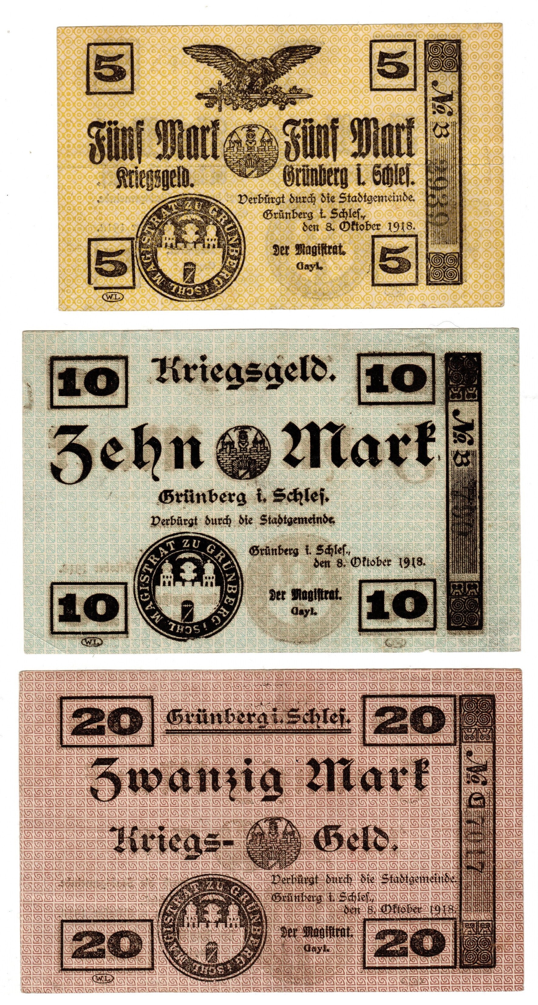 Notgeldy z 1918 r., oryginalne banknoty z Grunberg - zestaw 5, 10 i 20 MK, 2 krok kolekcjonera