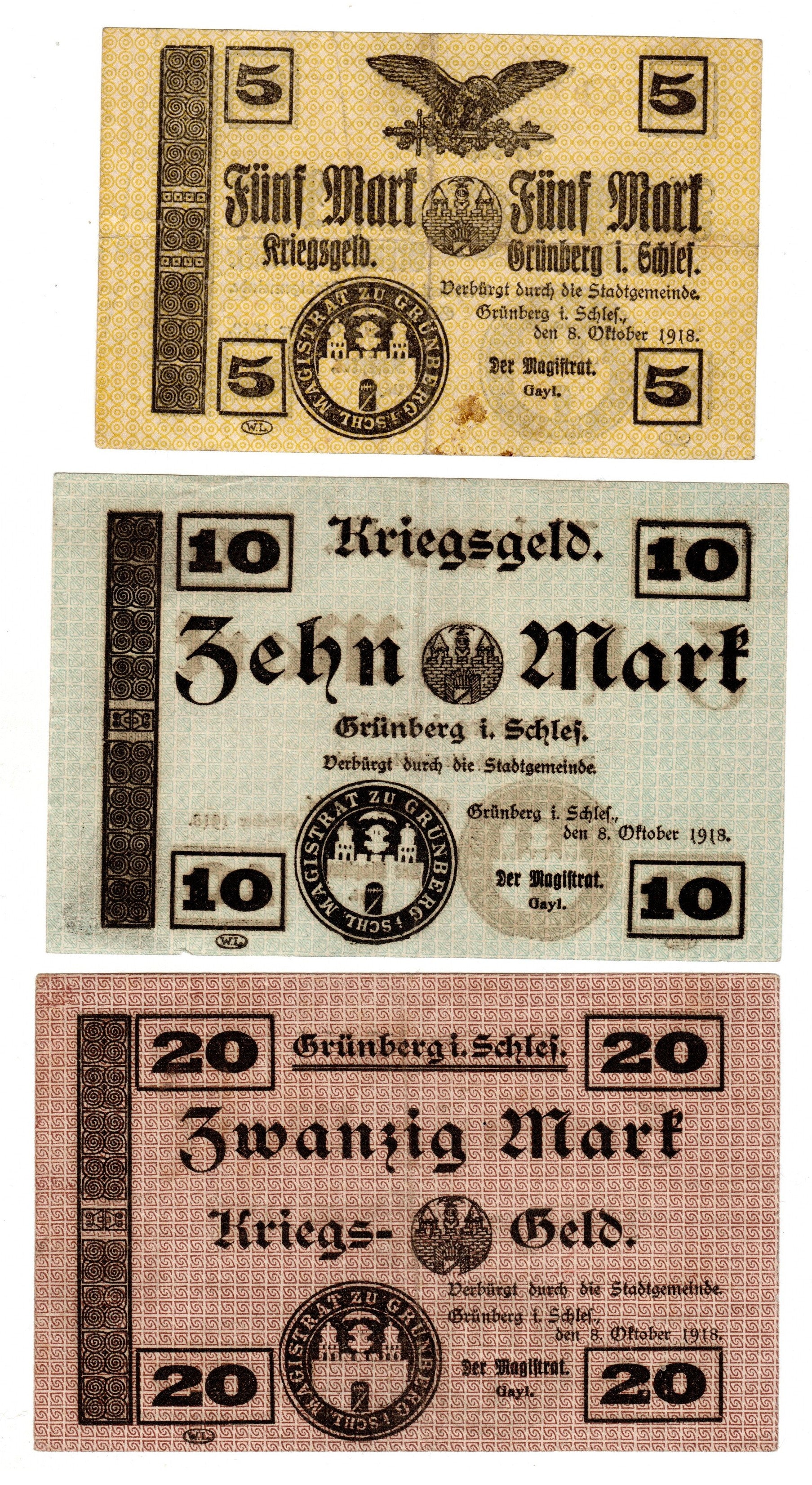 Notgeldy z 1918 r., oryginalne banknoty z Grunberg - zestaw 5, 10 i 20 MK, 2 krok kolekcjonera