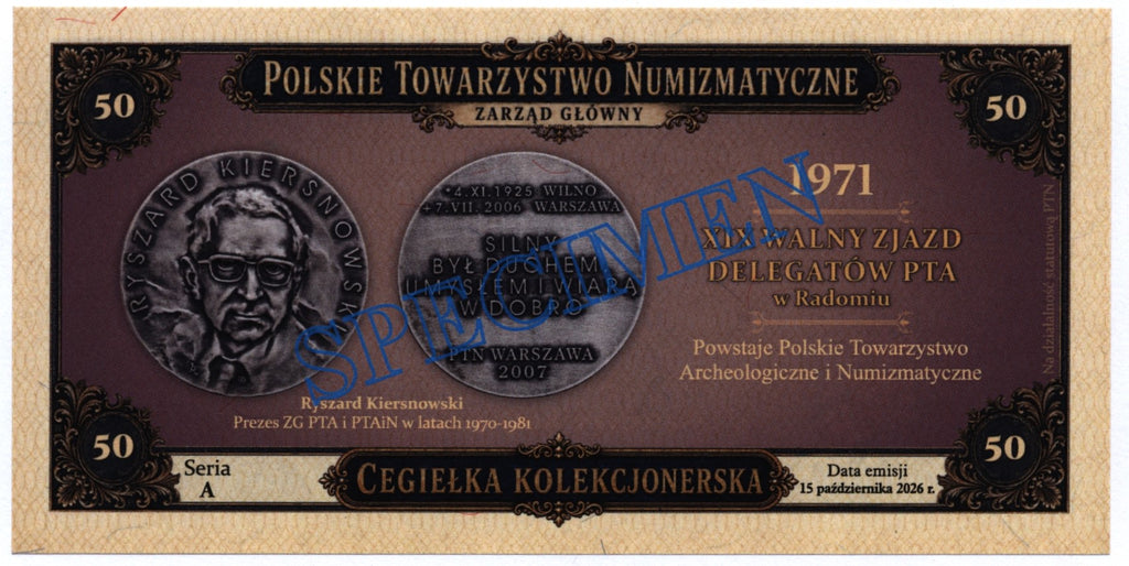 KOSZALIN (Kołobrzeg, Darłowo), SPECIMEN - WZÓR, cegiełka PTN Koszalin, na działalność statutową PTN. (Kopia)